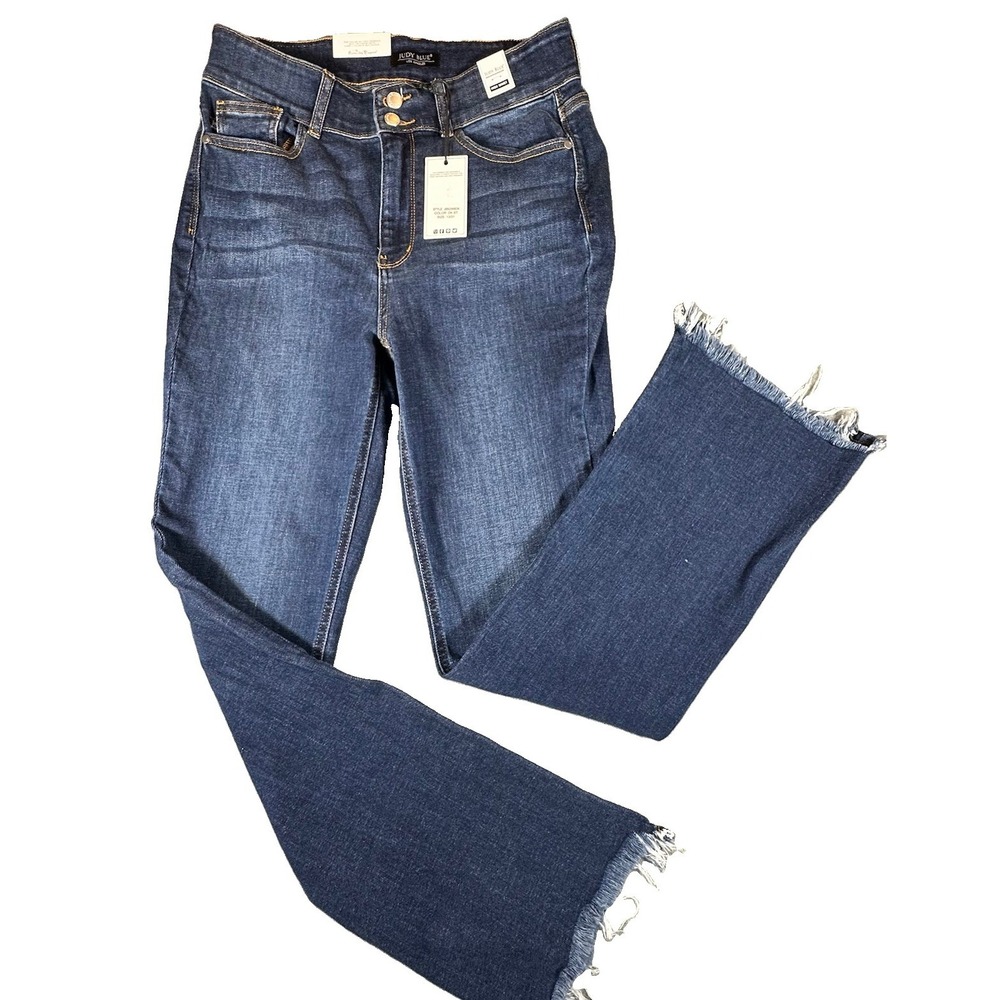 Judy Blue Boot Cut Jeans 13/31 Blue Distressed Mid Rise Frayed Hem Double Button